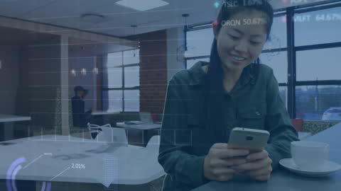 Asian Woman Leveraging Mobile Technology with Stock Data Overlay