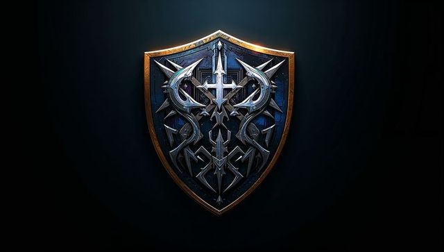 Medieval-style blue silver shield with bronze gold rim