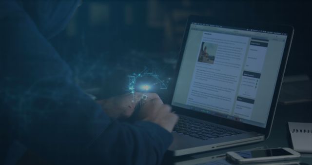Person in dark room wearing hoodie, working on laptop. Glowing digital interface symbolizes cyber operations. Ideal for content on cyber security, hacker concepts, online safety, and tech crime. Great for blogs, articles, and security awareness materials.