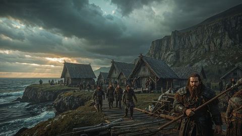Medieval viking warriors march along rugged coastal dock at sunset