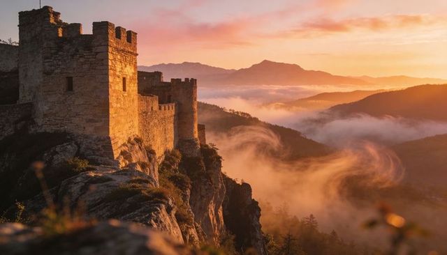 Basking stone fortress on cliff overlooking swirling mist and mountains at sunrise