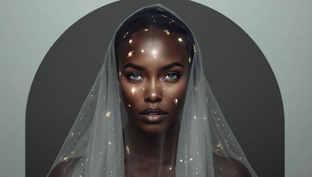 Ethereal dark-skinned model wearing gold-flecked veil in arched minimalist portrait