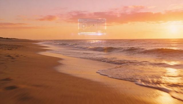Golden-pink sunset reflecting on wet shoreline with floating holographic data panel