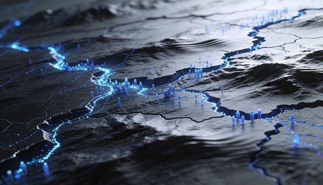 Glowing blue terrain network with pin nodes for smart city and infrastructure mapping