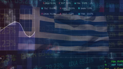 Greece Flag with Dynamic Stock Market and Data Graphics Animation