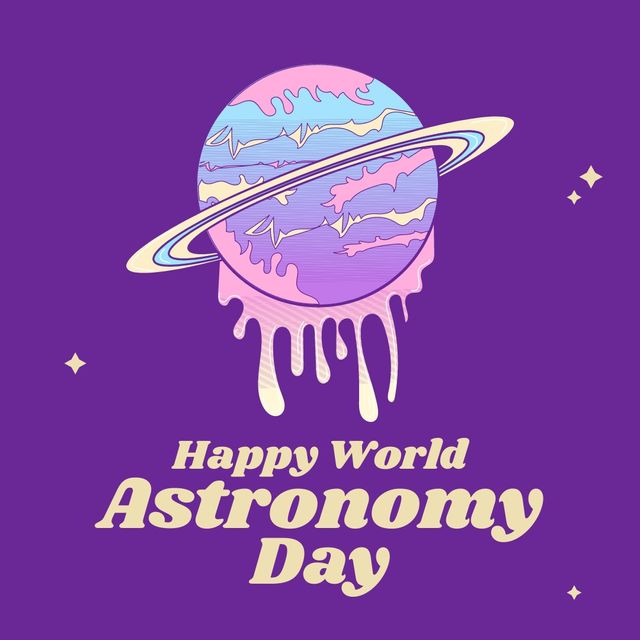 Image of astronomy day over planet on purple background. Cosmos, space, stars and astronomy concept.