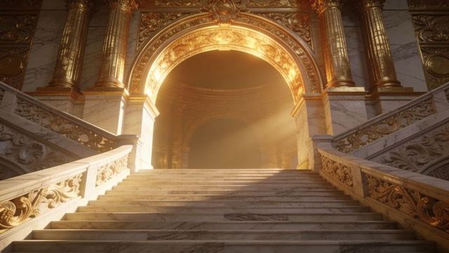 Ascending grand marble staircase toward gilded archway with sunbeams in opulent palace