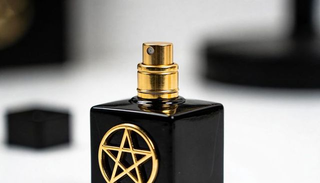 Glossy black perfume bottle with gold pentagram atomizer on white vanity luxury styling