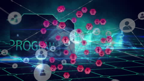 Digital Network with Connections over Icons and Glowing Background