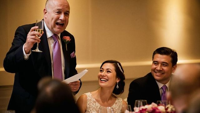 Father Delivering Toast with Bride and Groom Listening at Wedding Reception
