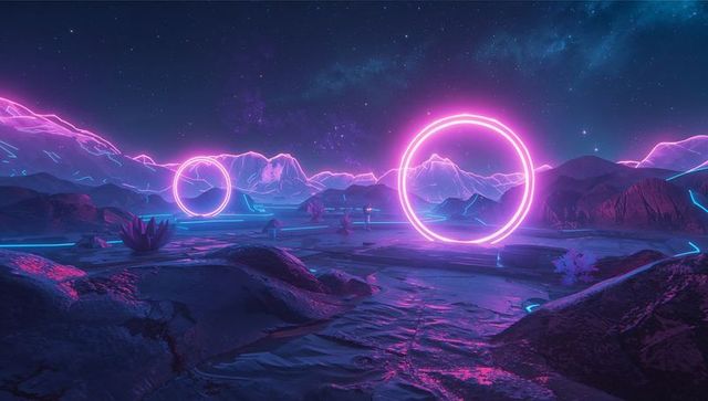 Neon cosmic landscape with glowing rings under stars