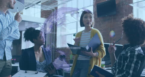 Modern Business Meeting with Digital Globe Overlay