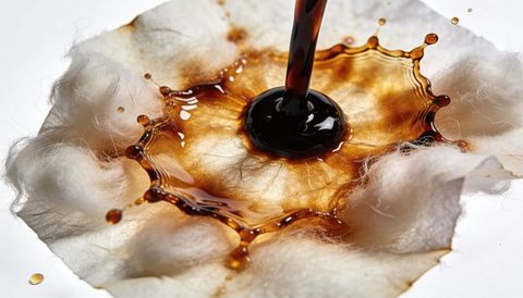 Pouring dark viscous liquid creating glossy splash on cotton pad macro close-up