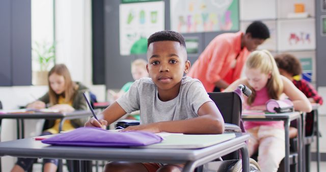 African American Boy in Wheelchair Learning in Classroom - Download Free Stock Images Pikwizard.com