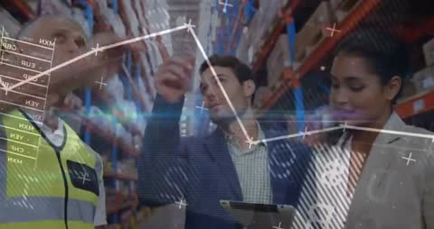 Team Collaborating on Inventory Audit with Digital Analytics in Warehouse