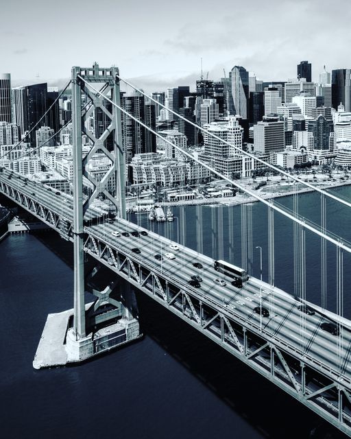 This photo captures an elevated view of the Bay Bridge with the downtown San Francisco skyline in the background. The intricate bridge design contrasts with the modern city buildings. Ideal for use in travel publications, architectural showcases, urban infrastructure features, and cityscape promotions.