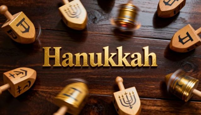 Golden hanukkah lettering with spinning dreidels on dark wood tabletop