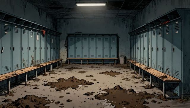 Desolate mud-soaked locker room with grimy benches, rusty lockers and fluorescent light
