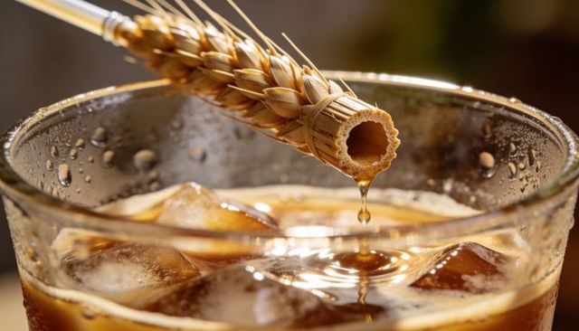 Wheat ear dripping amber beverage into iced glass while condensation beads, macro closeup