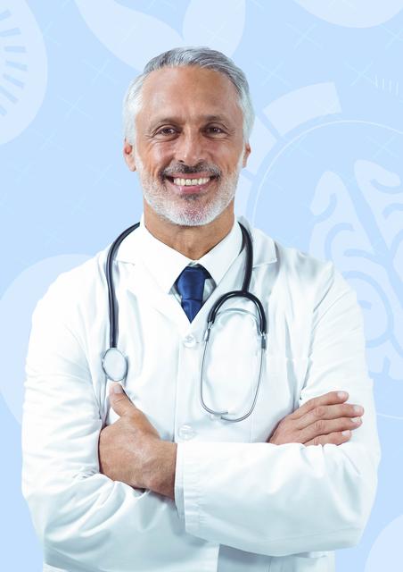 Senior male doctor standing with arms crossed, smiling confidently. Wearing white coat and stethoscope, against a medical-themed background. Ideal for use in healthcare promotions, medical websites, hospital brochures, and educational materials.