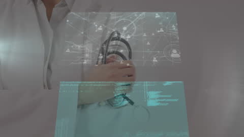 Doctor Holding Stethoscope with Futuristic Data Holograms