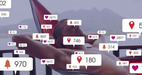 Relaxing man in hammock surrounded by floating social media notification badges
