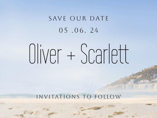 Perfect for announcing a beach wedding date, this beautiful and serene design features a tranquil seaside backdrop. Ideal for use in wedding announcements, electronic invitations, and social media updates, highlighting the elegance and tranquility of a beach wedding.