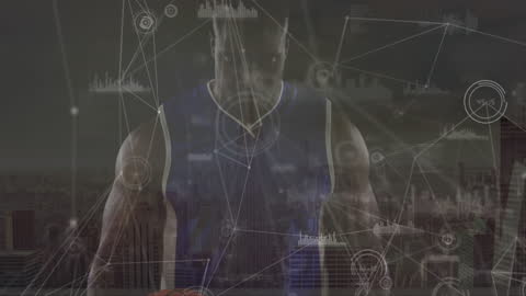 Digital Composite of Basketball Player with Cityscape and Data Network Overlay