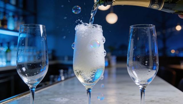 Champagne pouring creating overflowing foam and sparkling bubbles in flute on marble bar