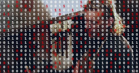 Mature politician speaking at podium with binary code overlay conveying digital evidence