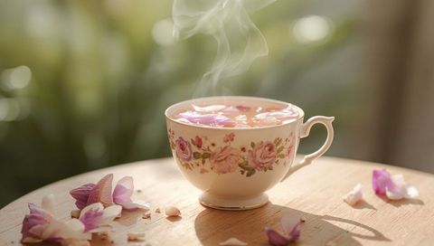 Steaming porcelain teacup with gold rim, floating rose petals, soft natural window light