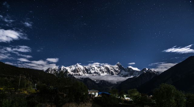 Snow-capped mountains and starry night sky in peaceful scenery - Download Free Stock Photos Pikwizard.com