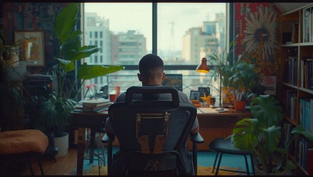 Professional Man at Home Office Desk with Lush Greenery
