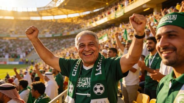 Cheering saudi football fan celebrating goal in sunlit stadium crowd with green scarf
