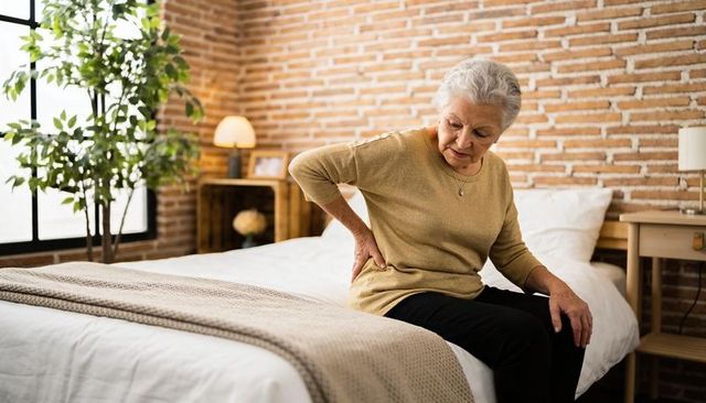 Senior woman experiencing lower back pain while sitting on bed in sunlit bedroom