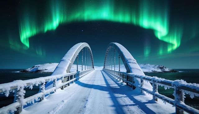 Aurora borealis arcing over snow-covered arched bridge spanning frosty arctic isles