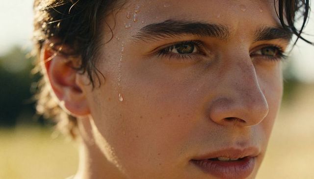 Sunlit Teen Male Close-Up with Sweat Beads and Damp Hair, Contemplative Summer Portrait