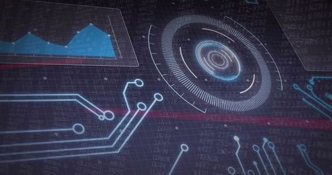 Futuristic HUD Interface Pulsing Circular Telemetry with Neon Circuitry and Blue Area Chart