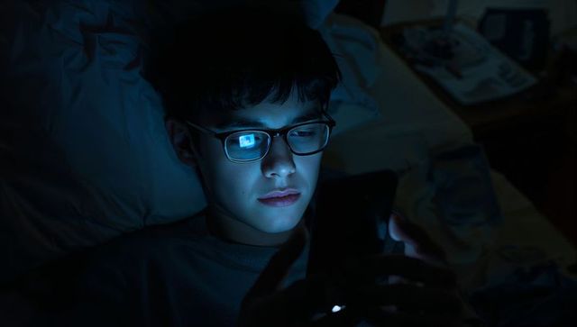 Teen lying at night using smartphone with glasses in bedroom