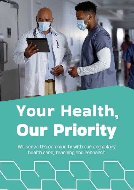 Diverse doctors wearing masks standing in hospital corridor discussing patient information on digital tablet. Ideal for use in healthcare promotions, medical websites, online ads, and community health awareness campaigns.