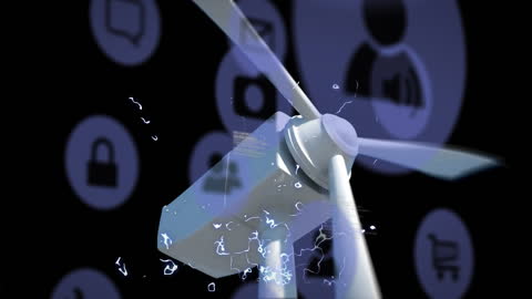 Wind Turbine with Digital Interface Animation on Black Background