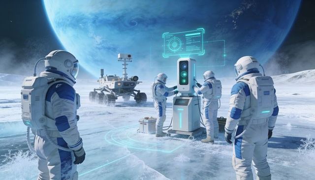 Lunar crew operating power station on icy moon with rover and holographic control terminal