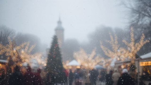 Snowfall at festive christmas market with bokeh lights, crowds and wooden stalls