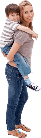Transparent mother and son piggyback ride smiling bond