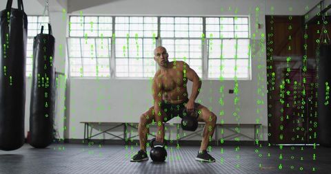 Shirtless athlete performing wide-stance kettlebell hinge with green binary code overlay