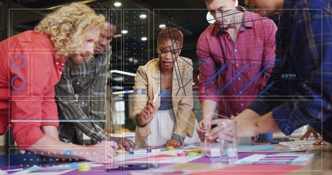 Leading woman guiding team through creative brainstorming with futuristic HUD overlays