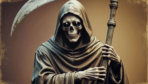 Hooded skeletal grim reaper figure with scythe in eerie gothic atmosphere