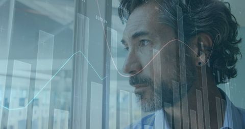 Businessman Analyzing Data with Digital Overlay in Modern Office