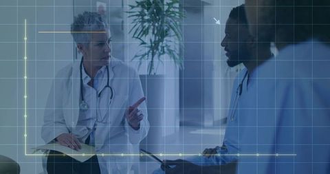 Healthcare team discussing clinical case in hospital hallway with graph overlay and data