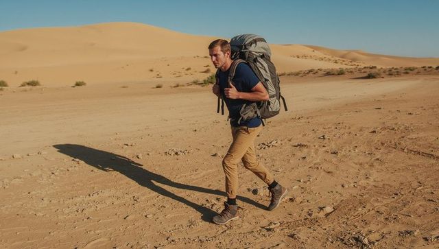 Solo hiker crossing sunlit desert dunes carrying large backpack